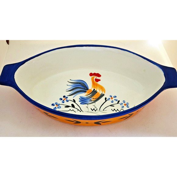 Casserole/Serving/Baking Dish-Rooster-White-Navy Blue-Hand Painted-12" Long - Picture 5 of 12